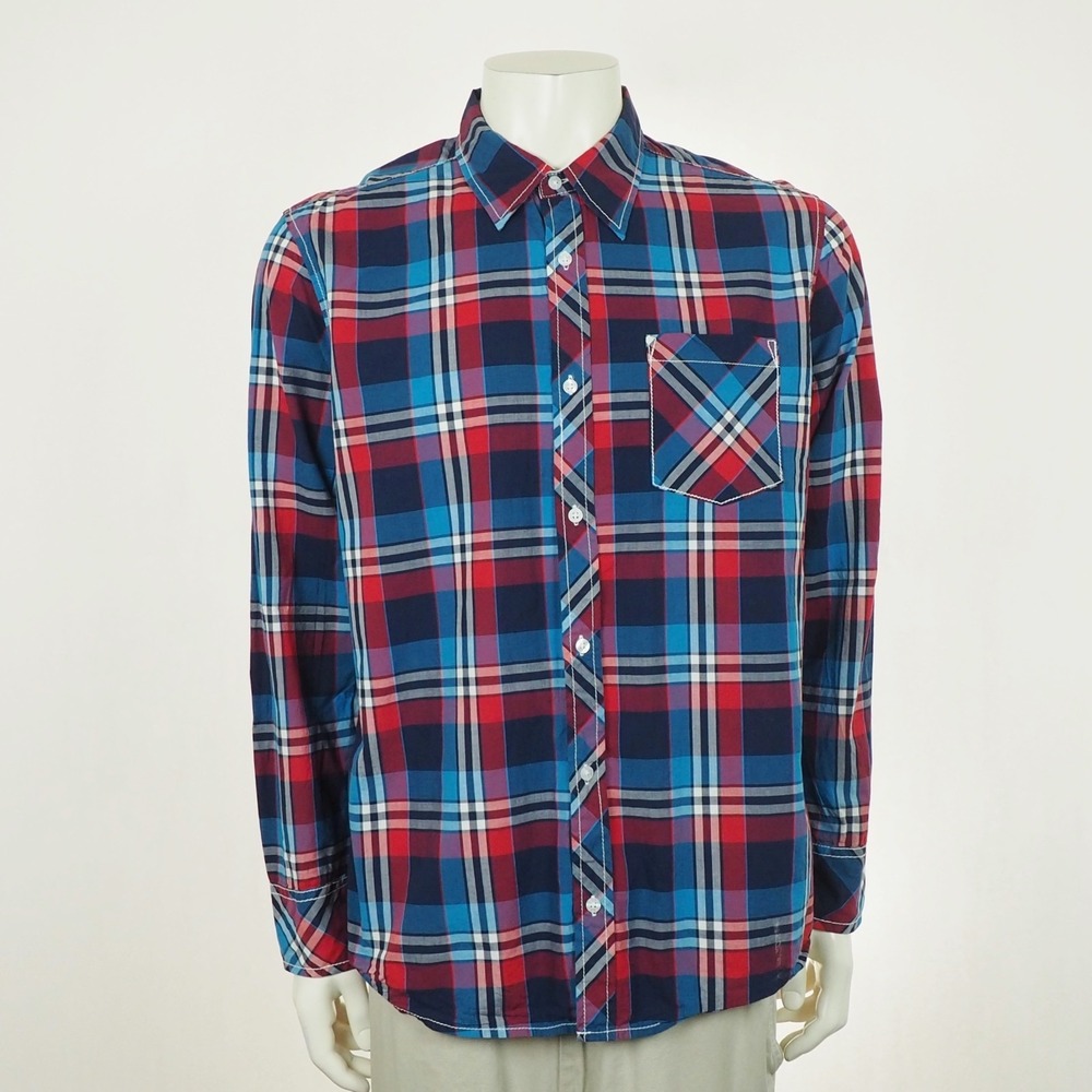 BKE Buckle Button Down Shirt Mens XL Navy Blue Plaid Standard Fit Cotton Blend